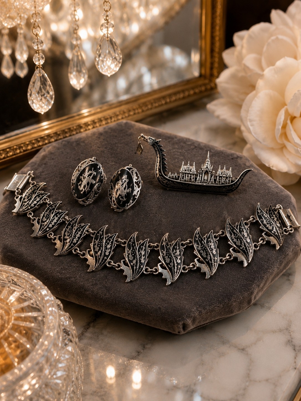 Vintage Siam Sterling Silver Niello Set – Dragon Boat Brooch, Leaf Bracelet